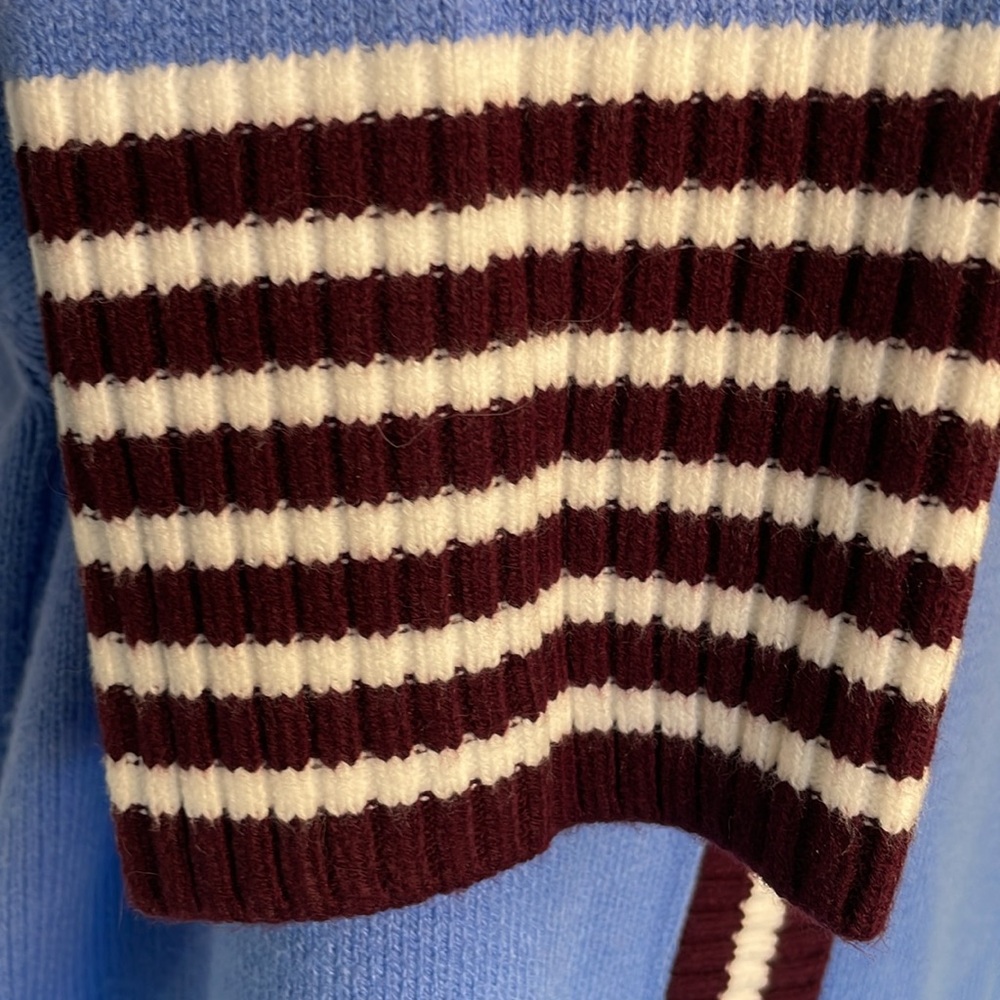 FRENCH CONNECTION VARSITY STYLE VNECK LONG SLEEVE RIB BOTTOM SWEATER BLUE SIZE L - Picture 7 of 13